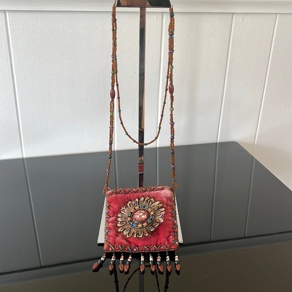 Hobo velvet pouch with beaded shoulder strap